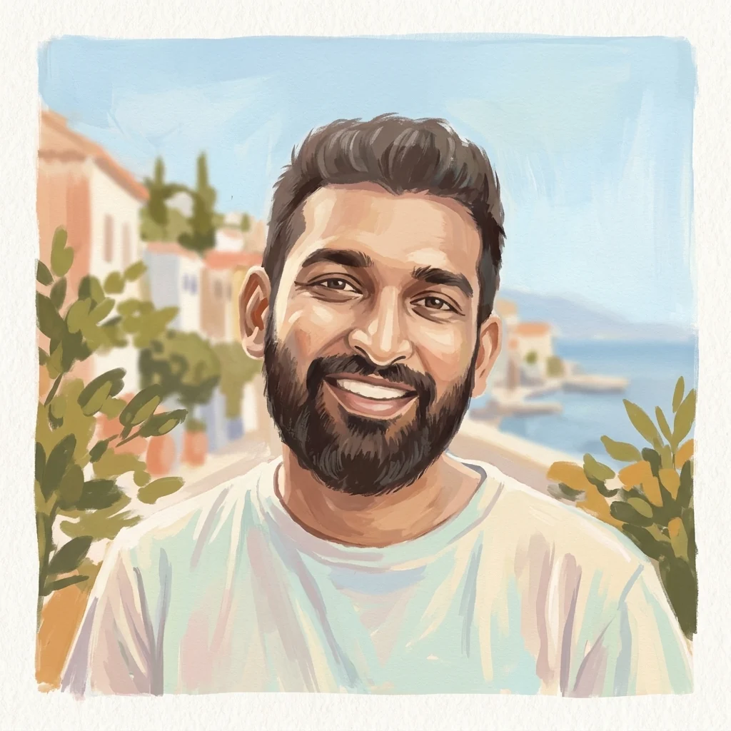 Shyl's portrait rendered in a serene gouache painting style
