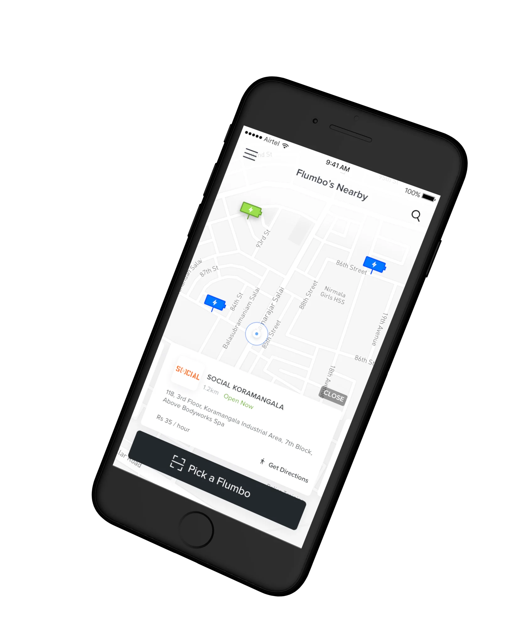 Flumbo app screens across onboarding, station discovery, rental, and return flows
