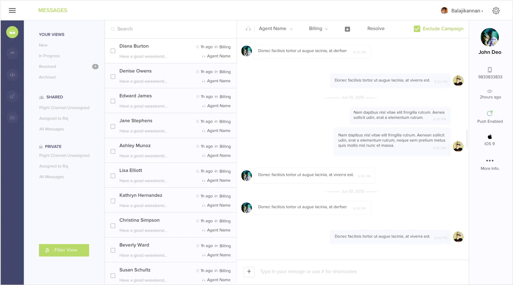Main Hotline agent interface with conversation list, thread, and context