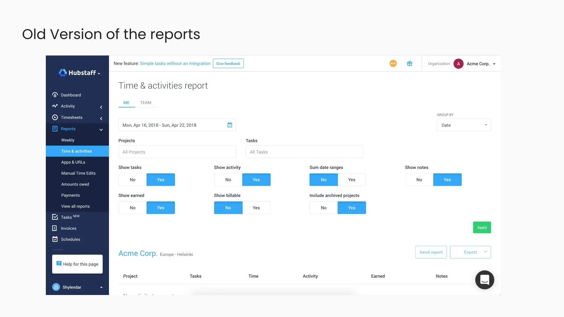 Hubstaff dashboard detail