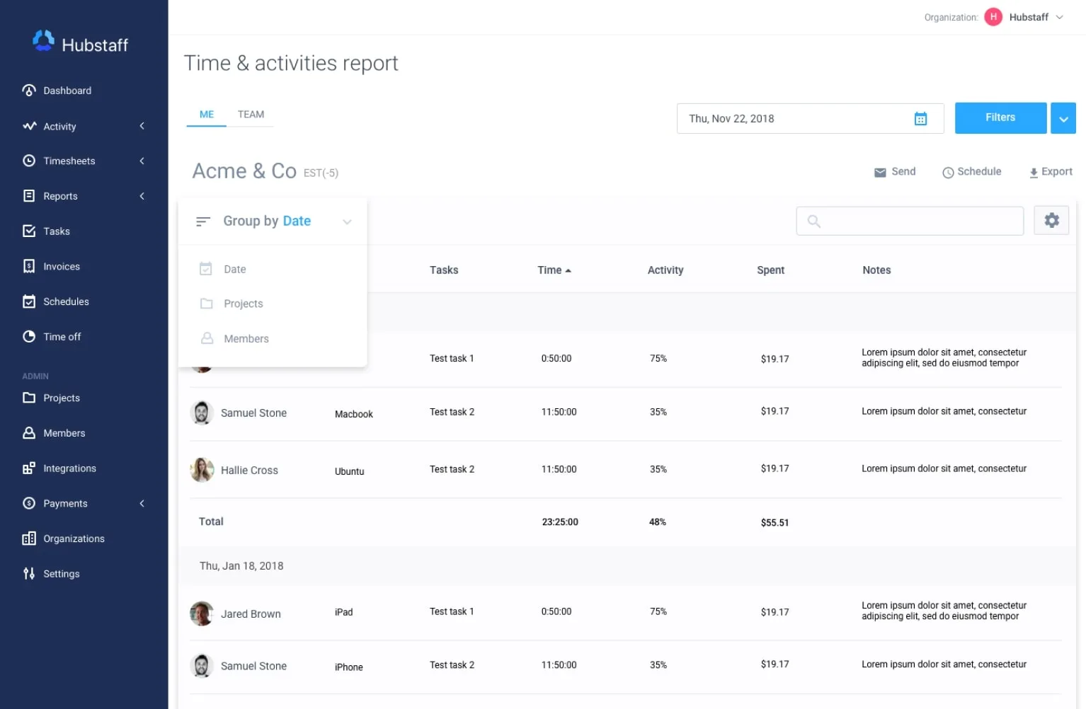 Hubstaff reports table view