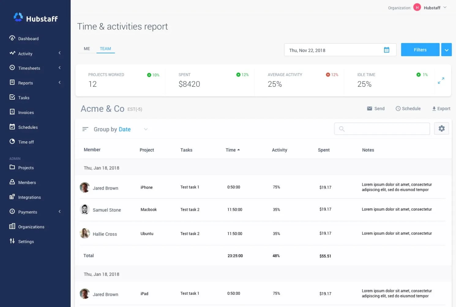Hubstaff report filter view
