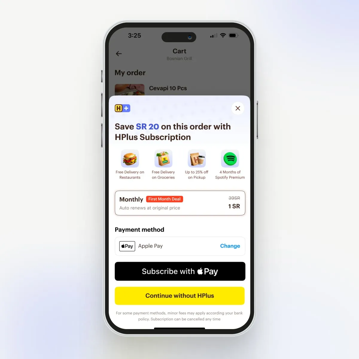 Checkout interstitial showing the immediate order savings from HPlus