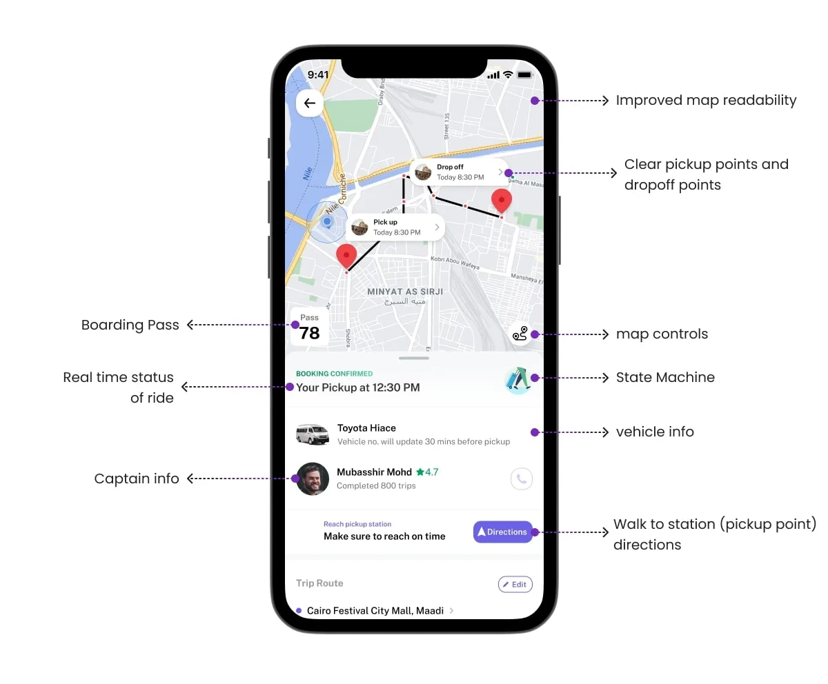 New booking details surface — confirmed state with full ride context