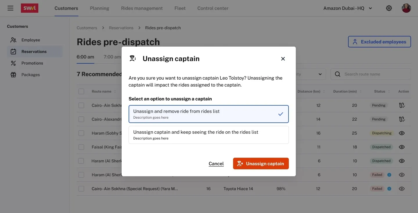 Vendor Portal unassign captain modal